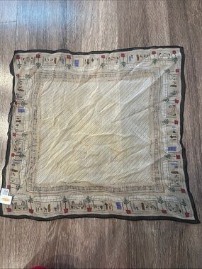 Vintage Talbots Silk Beige Border Print Square Scarf with Black Trim